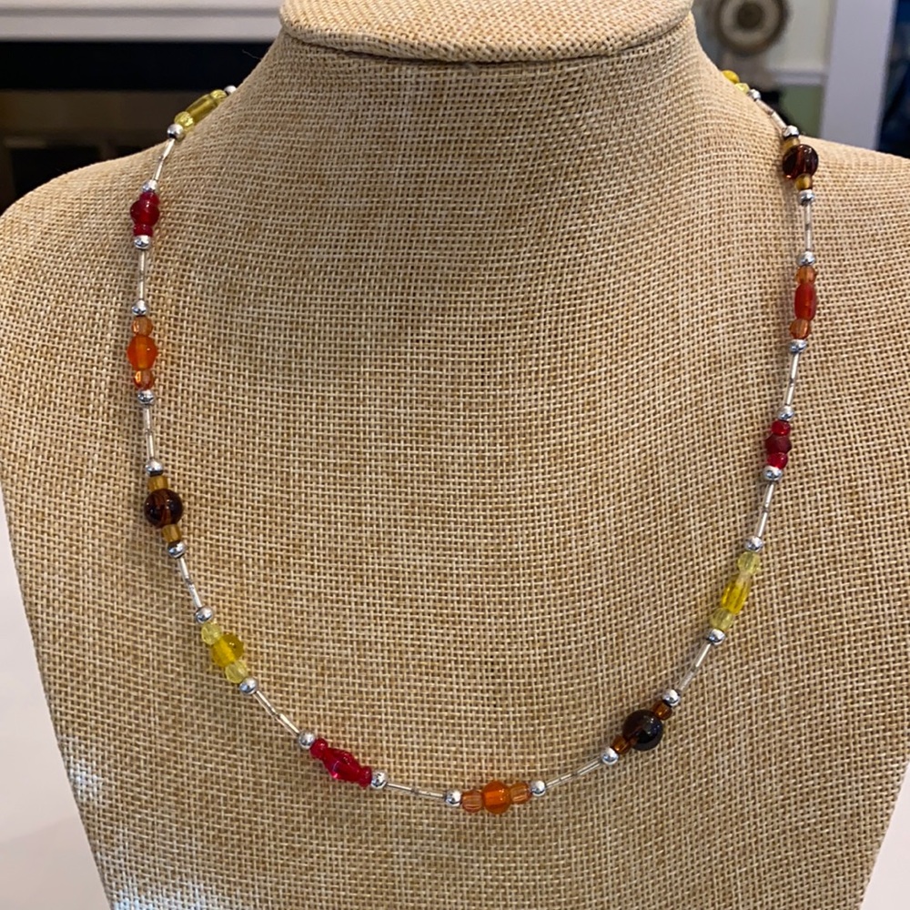Handmade Silver Brown Red Orange Yellow Beaded Choker 20” Necklace Earth Day